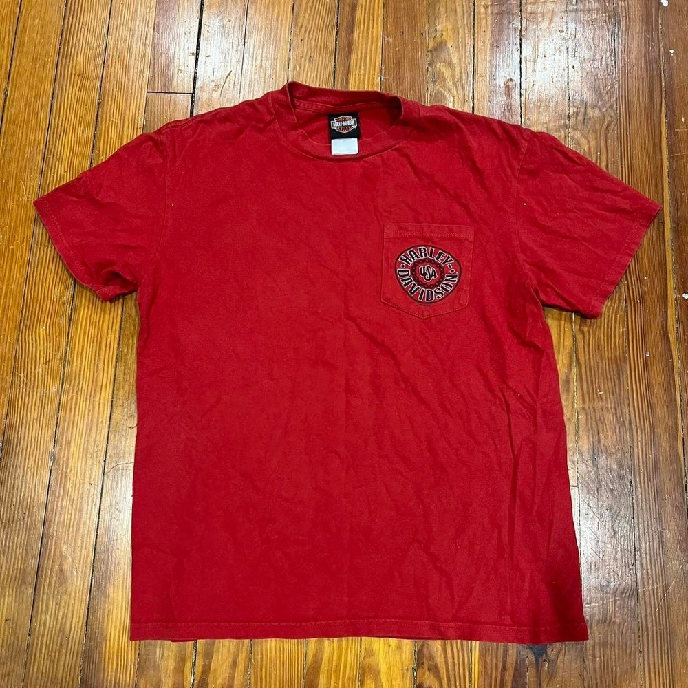 Y2K 2000s Red Harley Davidson graphic logo pocket t-shirt Size L